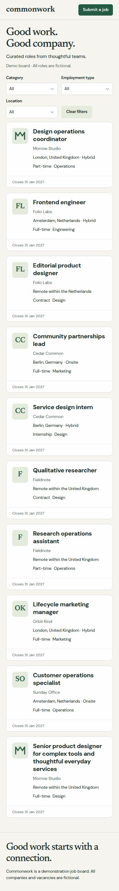 Commonwork job board on a phone: stacked job cards with company initial marks, location, employment type and closing dates, ending with the Good work starts with a connection. footer.
