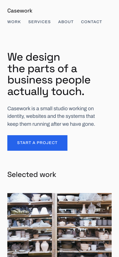 Casework home page on a phone: the studio name, a one-row menu, the headline and the Start a project button.