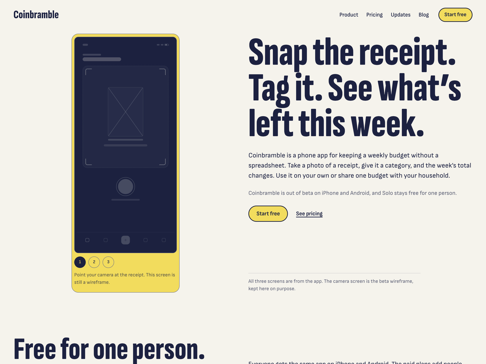 Coinbramble home page on desktop: a phone-shaped product tour on the left and the headline Snap the receipt. Tag it. See what's left this week. on the right, with a Start free button.