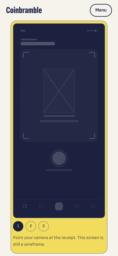 Coinbramble home page on a phone: the Coinbramble name, a Menu button and the first screen of the product tour with its caption.